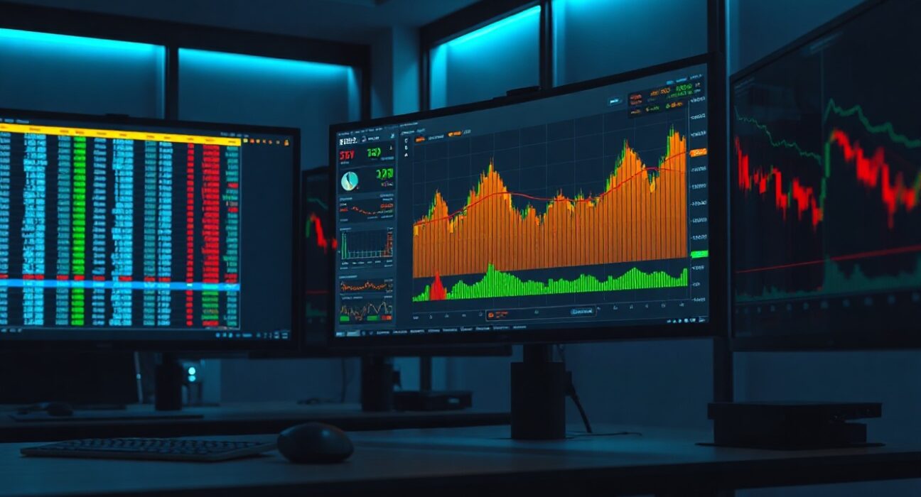 Trading desk monitors displaying BTC/USDT order book and cumulative volume delta chart