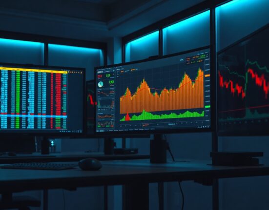 Trading desk monitors displaying BTC/USDT order book and cumulative volume delta chart