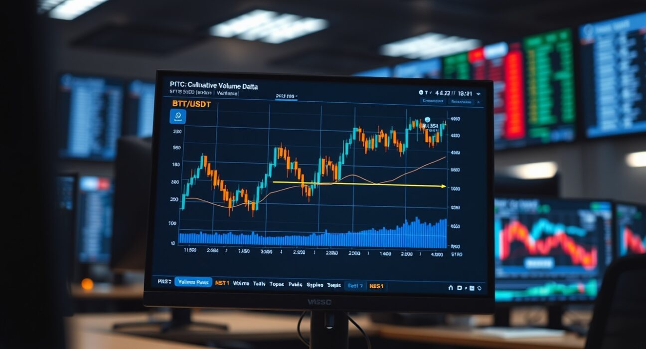 BTC/USDT spot CVD chart showing volume heatmap and cumulative volume delta on a trading screen.