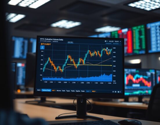 BTC/USDT spot CVD chart showing volume heatmap and cumulative volume delta on a trading screen.