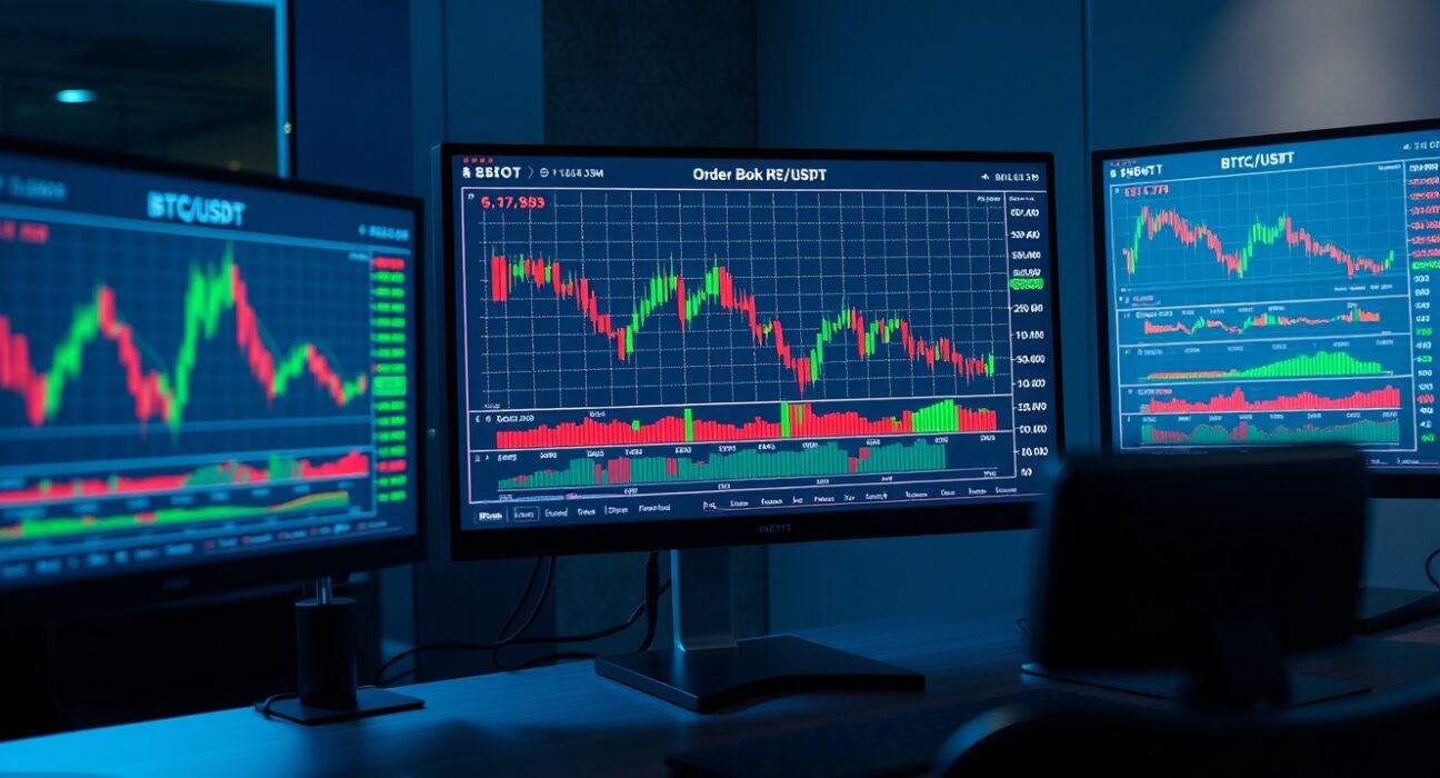 Professional trading desk with BTC/USDT order book heatmap and CVD chart on monitors