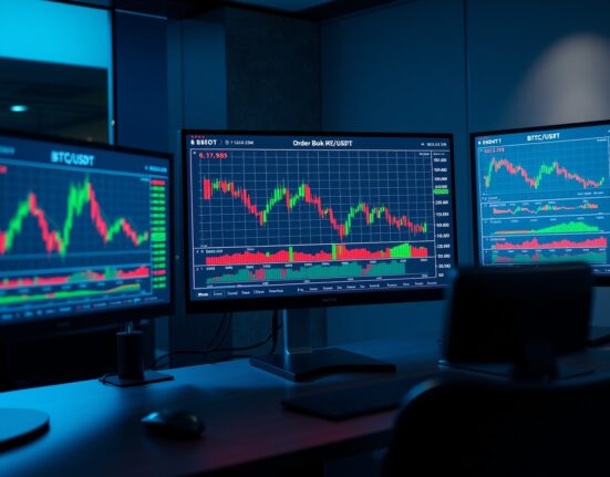 Professional trading desk with BTC/USDT order book heatmap and CVD chart on monitors