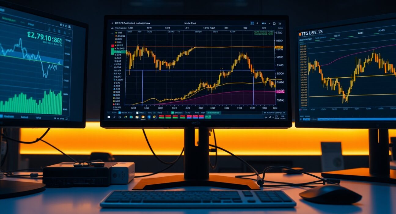Trader analyzing BTC/USDT order book with Cumulative Volume Delta and volume heatmap on multiple monitors.