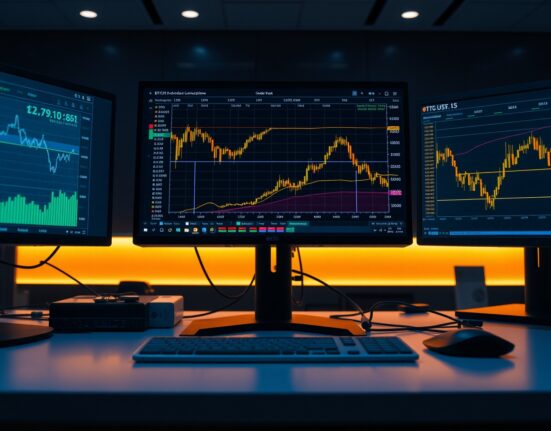 Trader analyzing BTC/USDT order book with Cumulative Volume Delta and volume heatmap on multiple monitors.