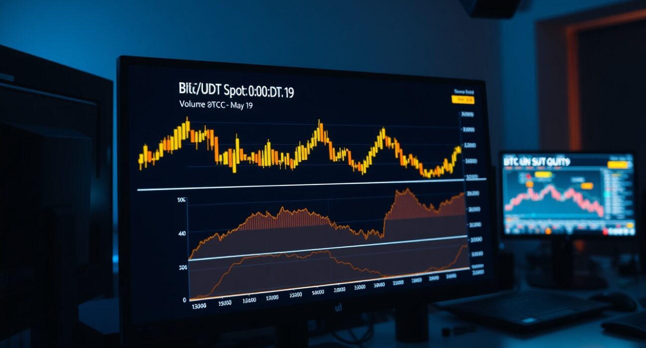 BTC/USDT spot CVD chart showing volume heatmap and cumulative volume delta lines at 0:00 UTC on May 19.