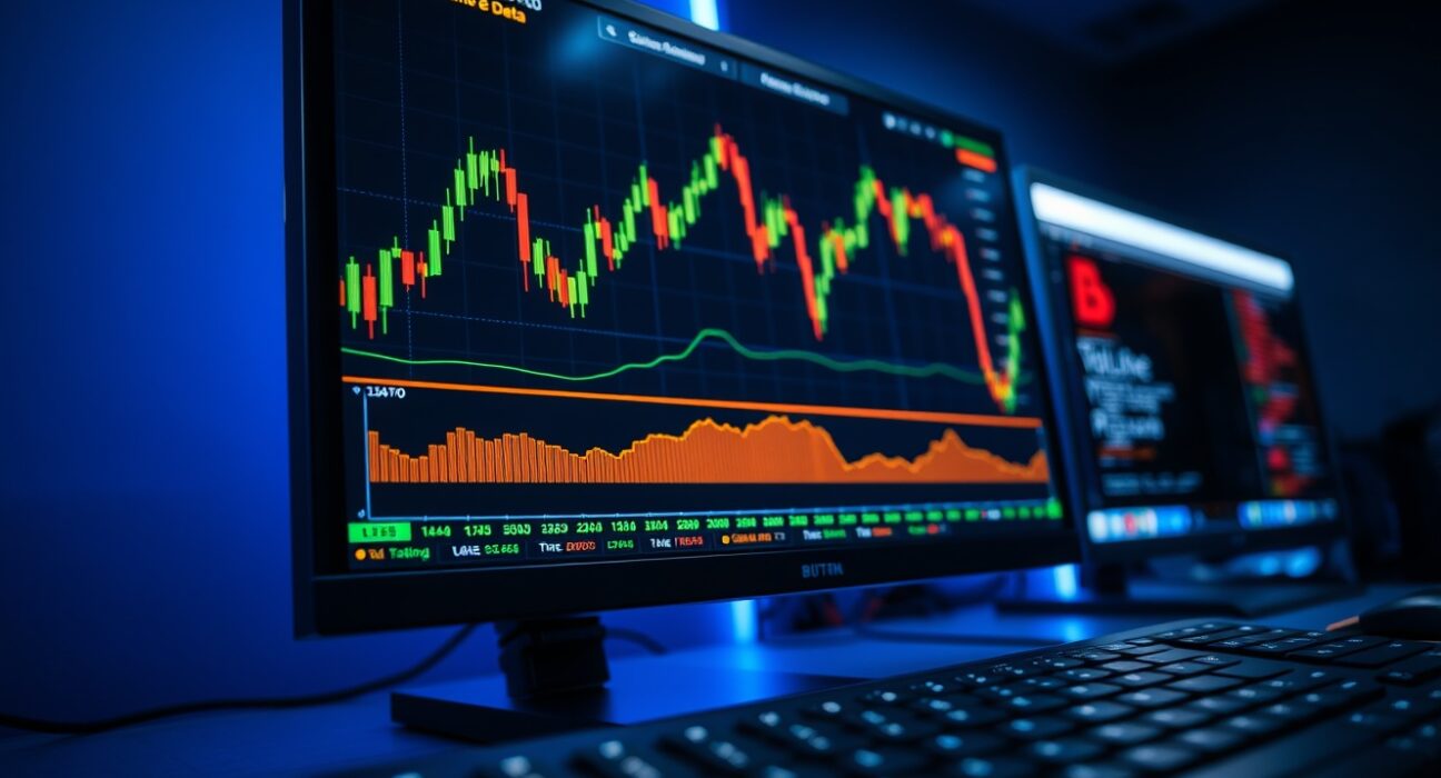 Bitcoin trading monitor showing volume heatmap and cumulative volume delta chart