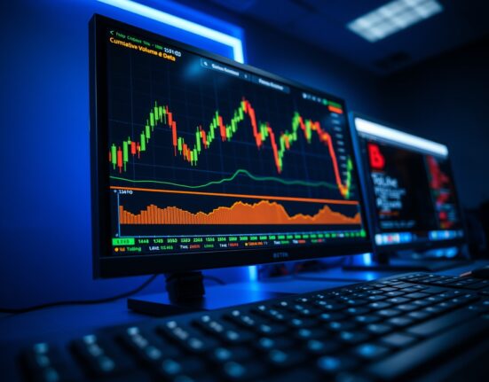 Bitcoin trading monitor showing volume heatmap and cumulative volume delta chart