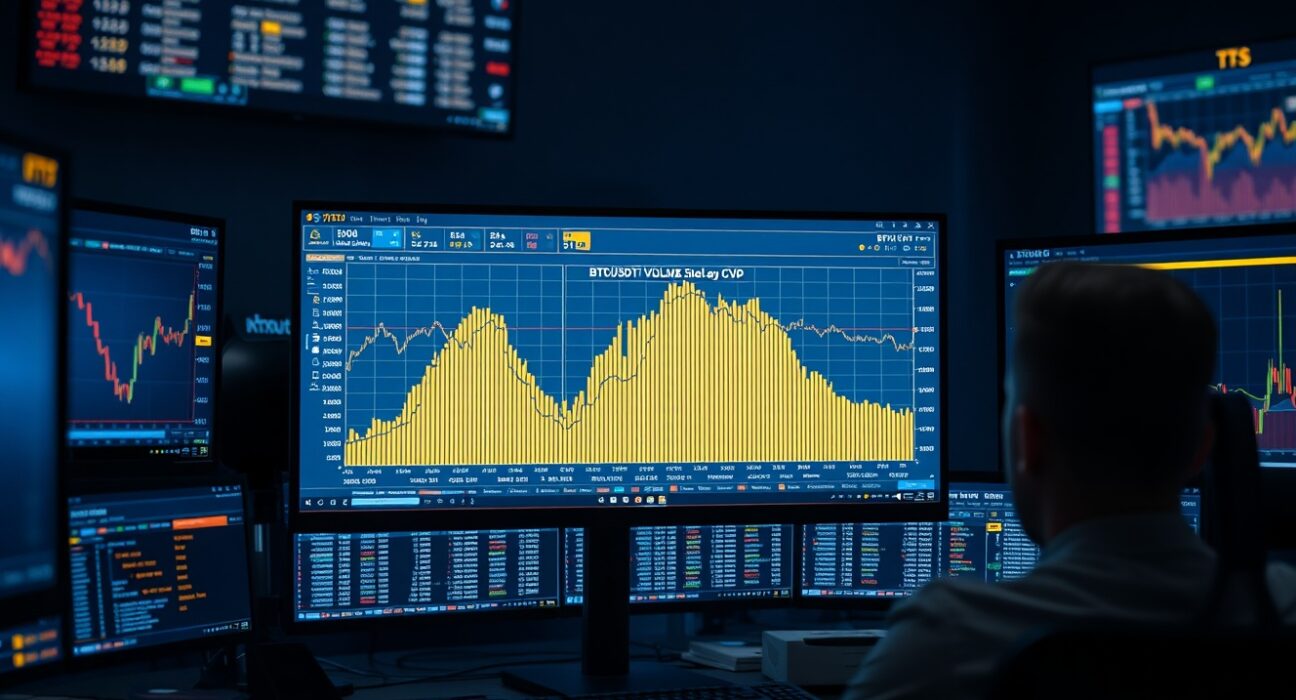 BTC/USDT spot CVD chart on trading monitor with volume heatmap and cumulative delta lines