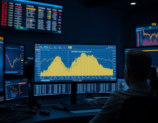 BTC/USDT spot CVD chart on trading monitor with volume heatmap and cumulative delta lines
