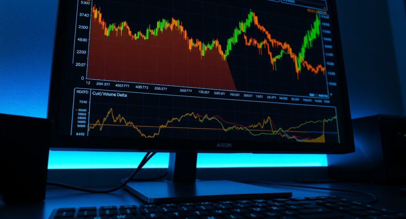 Trading monitor showing BTC/USDT spot CVD chart with Volume Heatmap and Cumulative Volume Delta indicators.