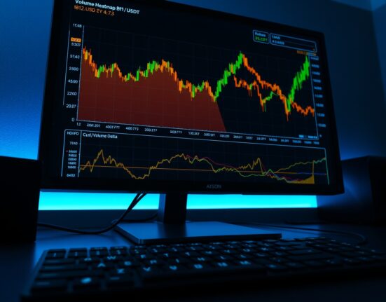 Trading monitor showing BTC/USDT spot CVD chart with Volume Heatmap and Cumulative Volume Delta indicators.