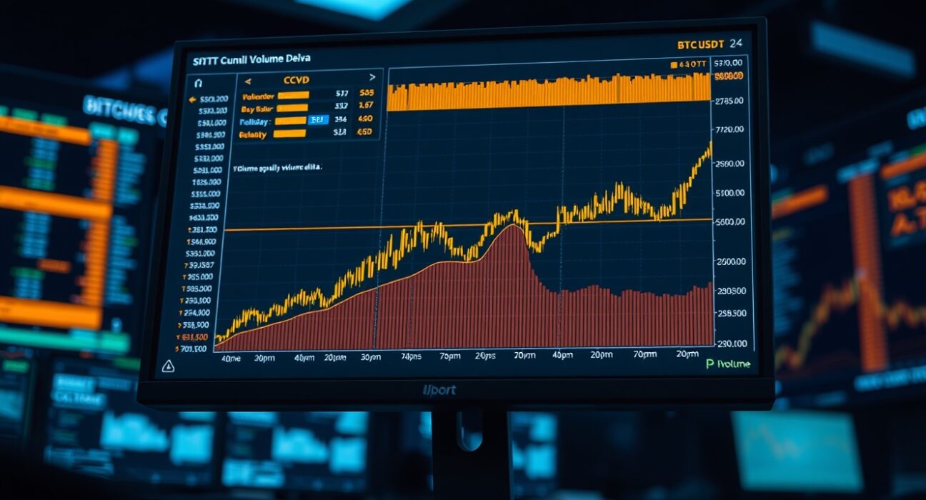 Professional trading monitor displaying Bitcoin BTC/USDT spot CVD chart with volume heatmap and cumulative volume delta indicators.