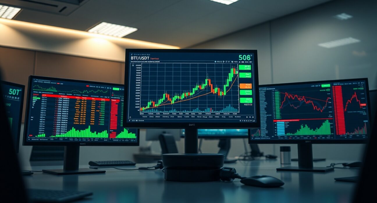 BTC/USDT spot trading chart with volume heatmap and cumulative volume delta indicators on a professional trading monitor