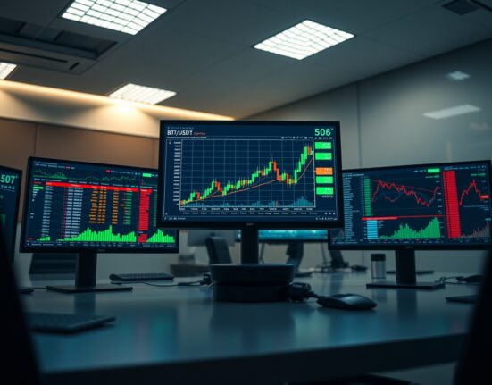 BTC/USDT spot trading chart with volume heatmap and cumulative volume delta indicators on a professional trading monitor