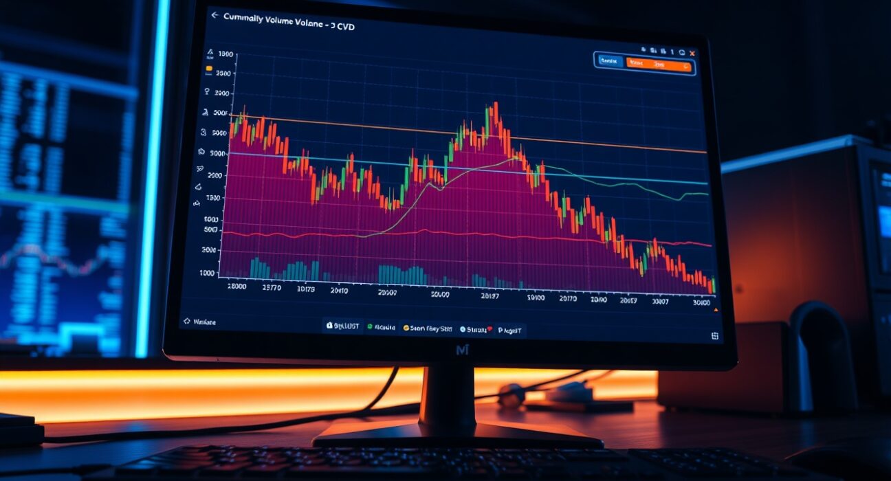 Close-up of a trading monitor displaying a Bitcoin BTC/USDT spot Cumulative Volume Delta chart with volume heatmap and multi-colored CVD lines.
