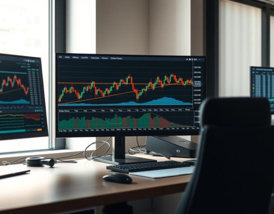Professional trading desk monitors displaying Bitcoin price chart with volume heatmap and CVD indicator.