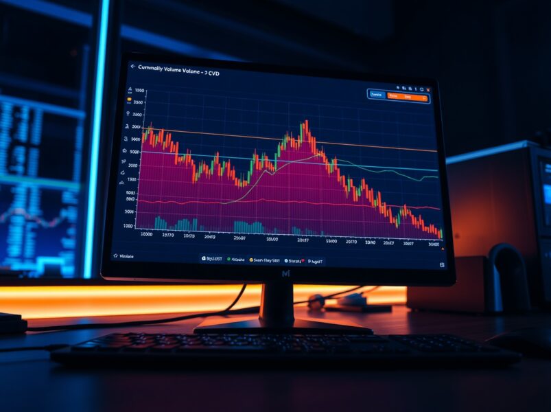 Close-up of a trading monitor displaying a Bitcoin BTC/USDT spot Cumulative Volume Delta chart with volume heatmap and multi-colored CVD lines.