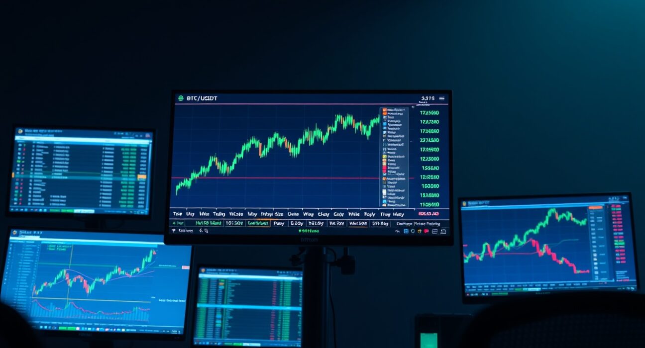 Professional trading desk with BTC/USDT chart and order book analysis on monitors