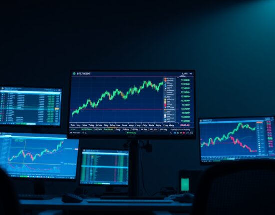 Professional trading desk with BTC/USDT chart and order book analysis on monitors