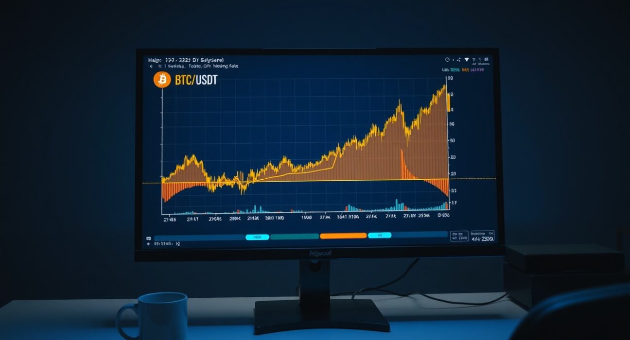 Bitcoin BTC/USDT trading chart with volume heatmap and Cumulative Volume Delta indicator on a professional screen.