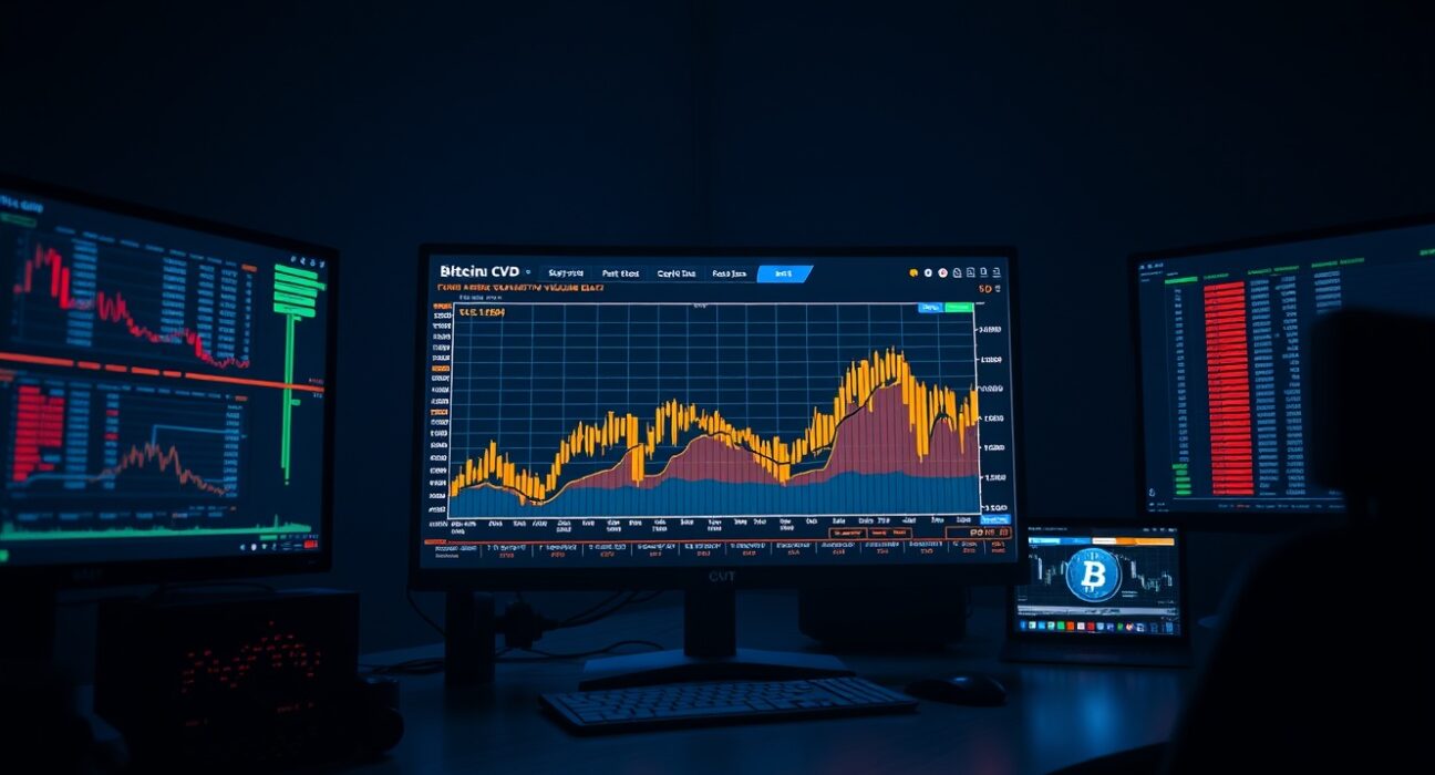 Professional trading desk with Bitcoin BTC/USDT order book and CVD chart analysis on monitors.