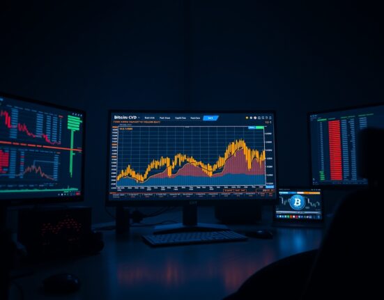 Professional trading desk with Bitcoin BTC/USDT order book and CVD chart analysis on monitors.