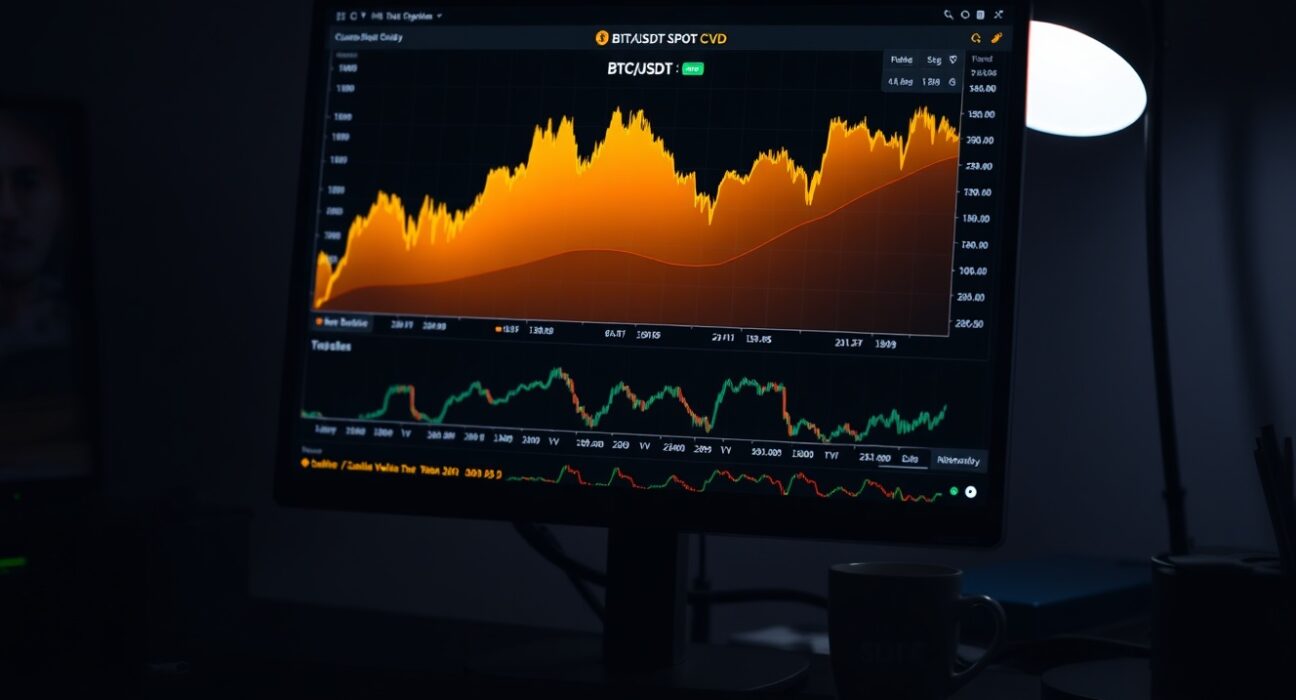 BTC/USDT spot CVD chart showing volume heatmap and order flow indicators on a trading monitor