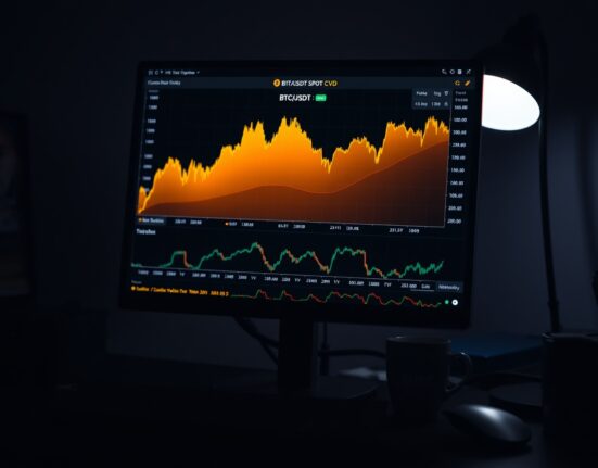BTC/USDT spot CVD chart showing volume heatmap and order flow indicators on a trading monitor