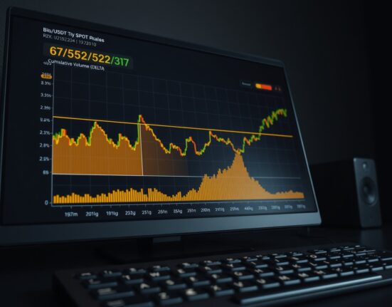 BTC/USDT spot CVD chart with volume heatmap and cumulative volume delta indicators for April 30, 2025.
