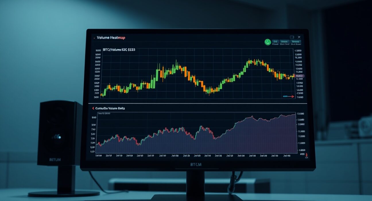 BTC/USDT spot Cumulative Volume Delta chart with Volume Heatmap on a trading screen