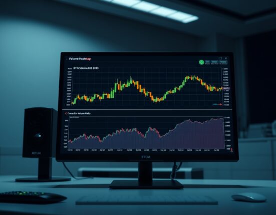 BTC/USDT spot Cumulative Volume Delta chart with Volume Heatmap on a trading screen
