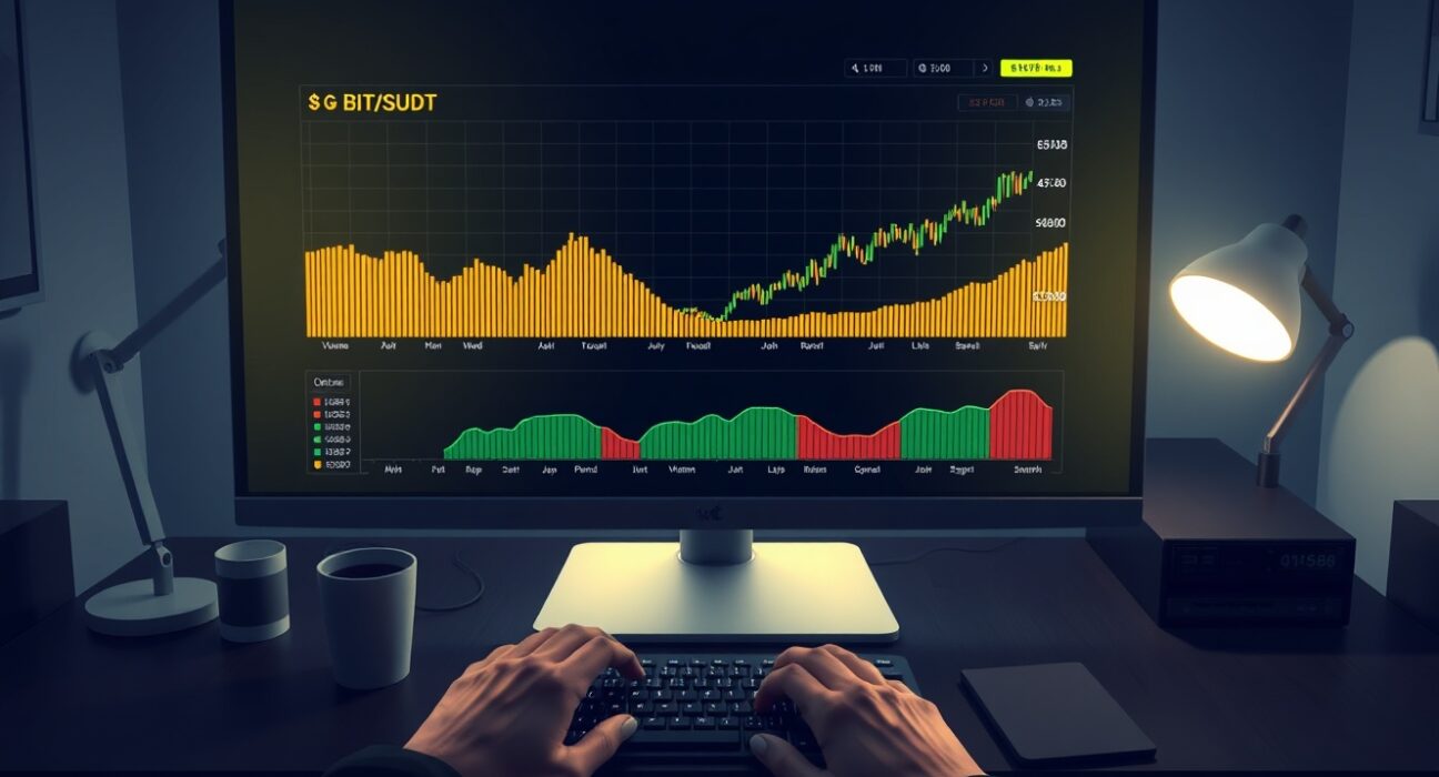 BTC/USDT order book chart with Volume Heatmap and Cumulative Volume Delta on a trading monitor