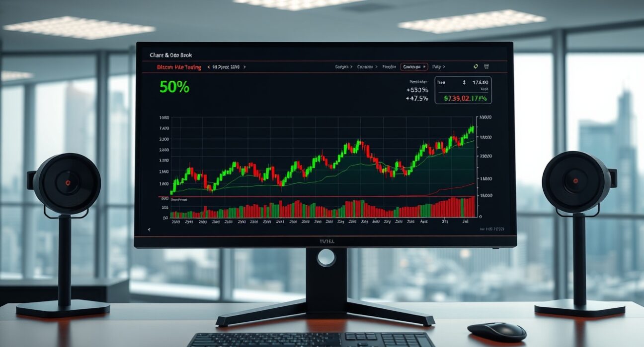 Bitcoin order book chart showing volume heatmap and cumulative volume delta on a trading monitor.