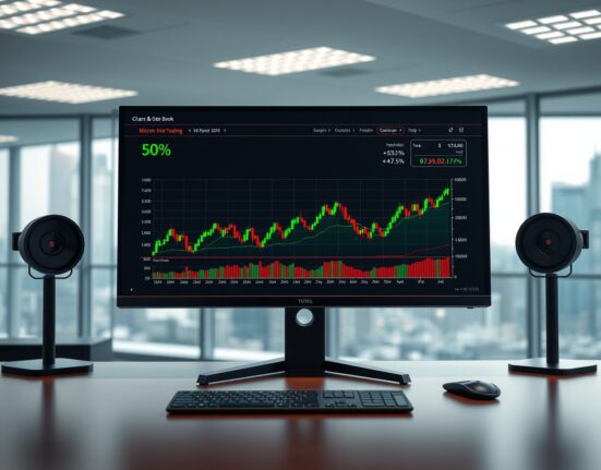 Bitcoin order book chart showing volume heatmap and cumulative volume delta on a trading monitor.