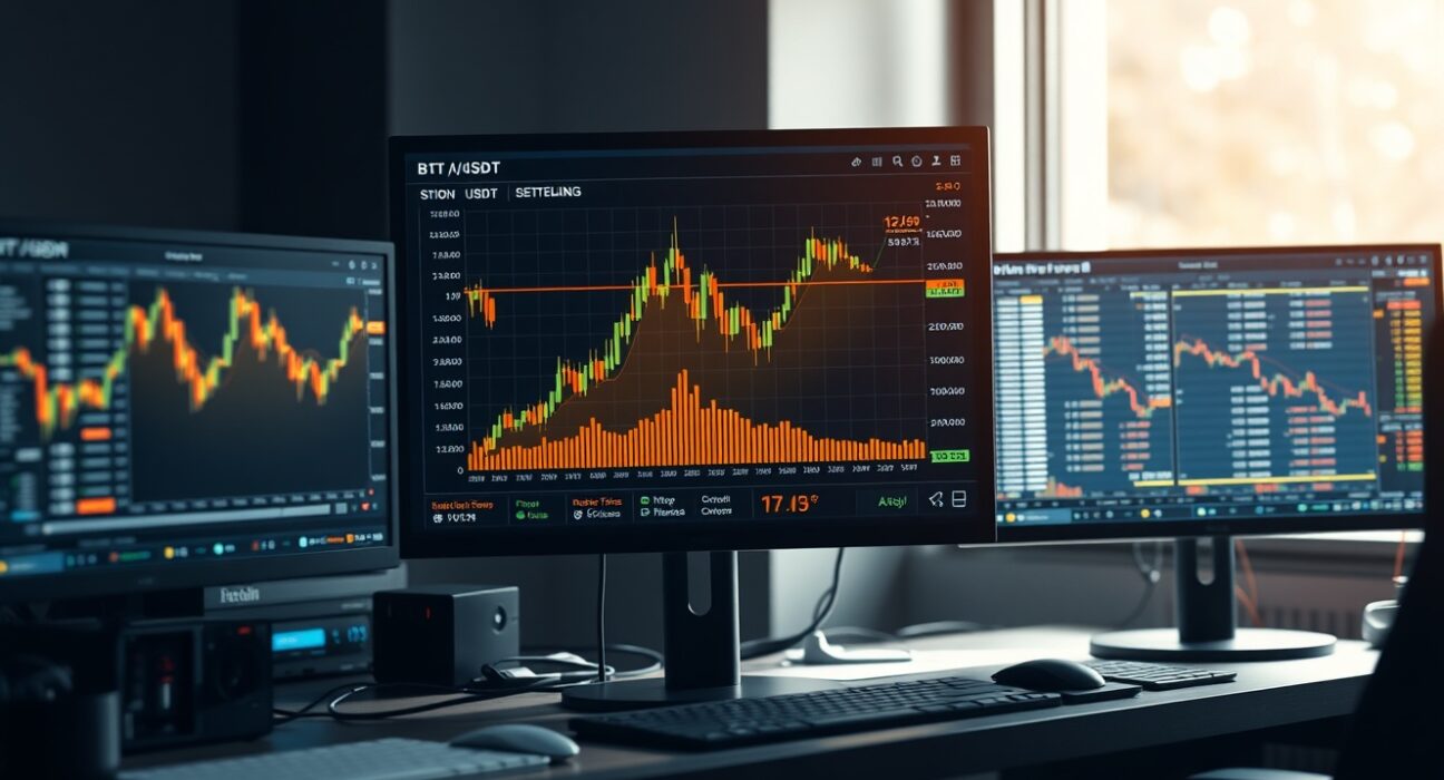 Bitcoin trading desk with BTC/USDT volume heatmap and cumulative volume delta chart on monitor