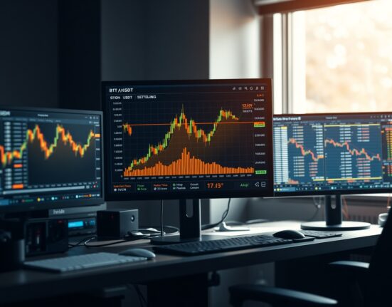 Bitcoin trading desk with BTC/USDT volume heatmap and cumulative volume delta chart on monitor