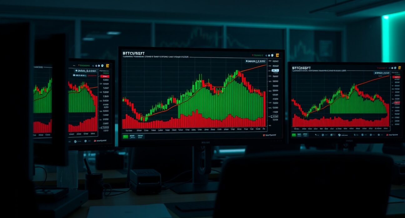 BTC/USDT spot CVD chart with volume heatmap and cumulative volume delta indicator on a trading monitor