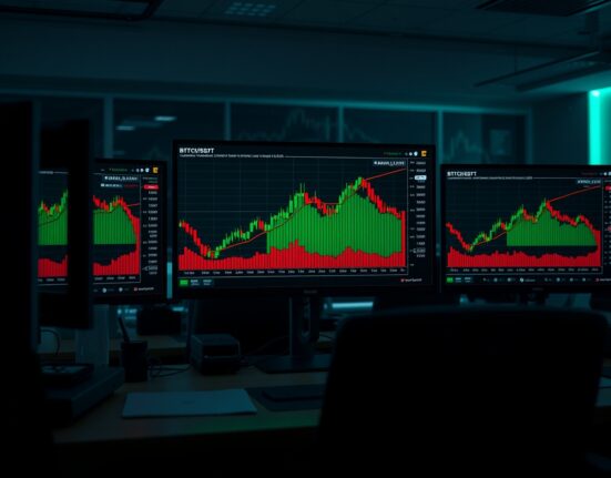 BTC/USDT spot CVD chart with volume heatmap and cumulative volume delta indicator on a trading monitor