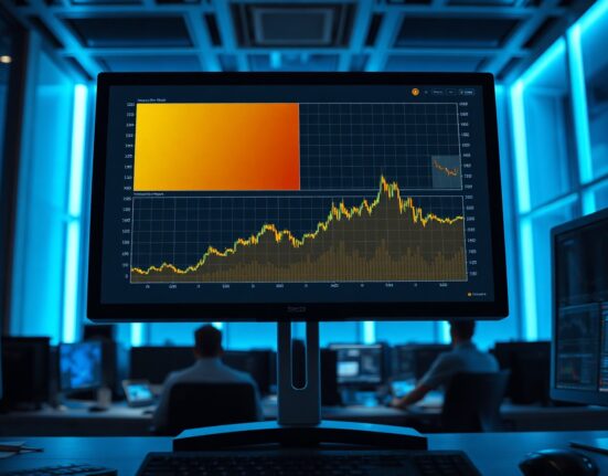 Bitcoin spot CVD chart showing volume heatmap and cumulative volume delta lines on a trading monitor