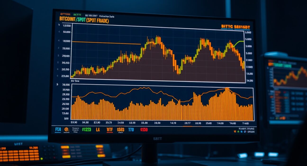 Trading monitor displaying BTC/USDT spot Cumulative Volume Delta chart with volume heatmap and order flow lines