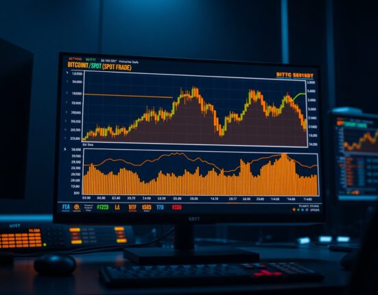 Trading monitor displaying BTC/USDT spot Cumulative Volume Delta chart with volume heatmap and order flow lines