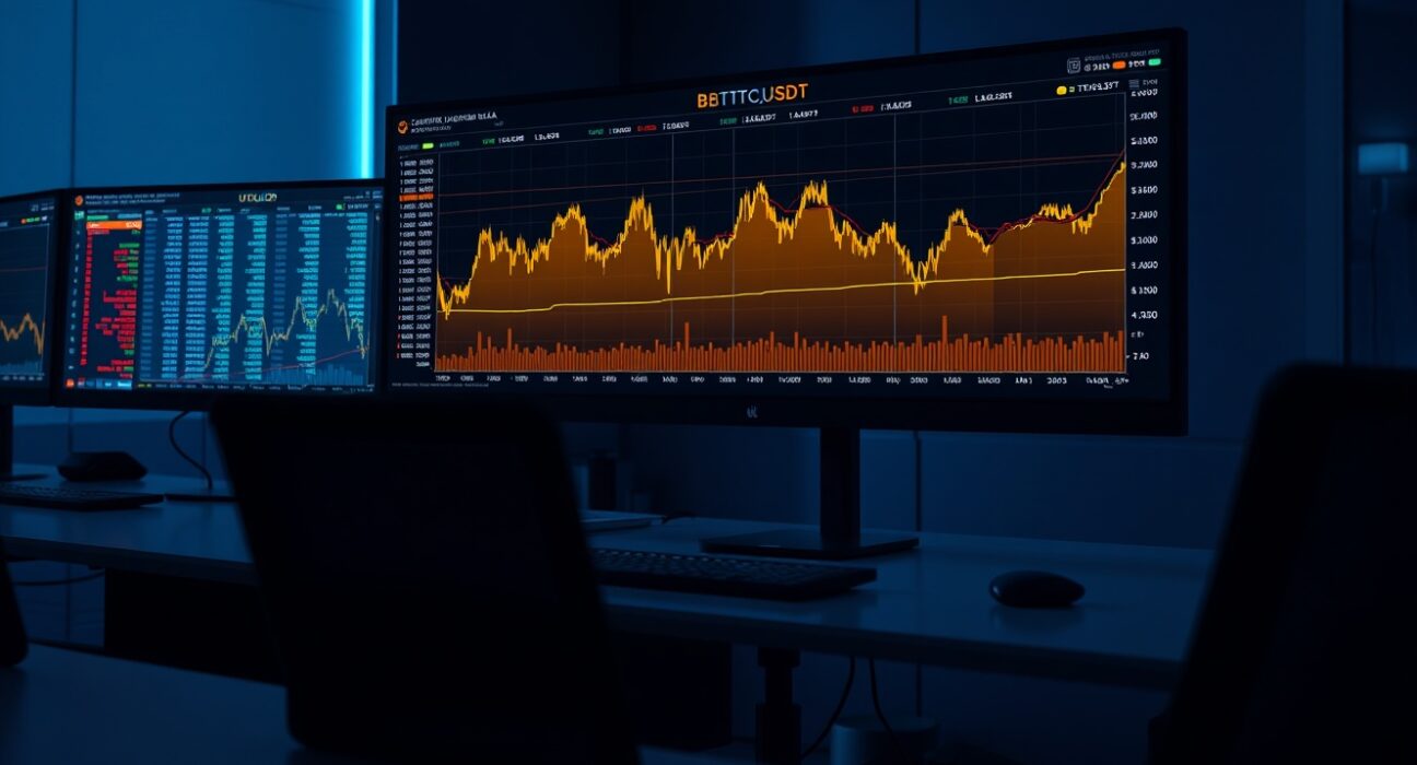 Professional trading desk with BTC/USDT spot CVD chart and volume heatmap on monitors