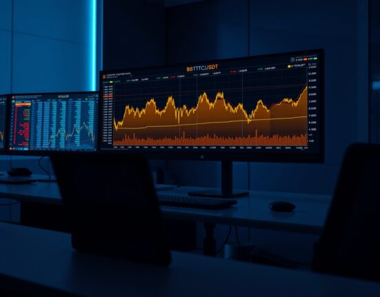 Professional trading desk with BTC/USDT spot CVD chart and volume heatmap on monitors