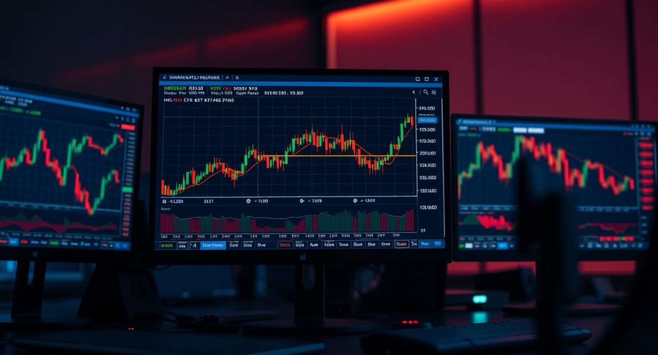 Trading desk monitors displaying BTC/USDT order book heatmap and cumulative volume delta chart.
