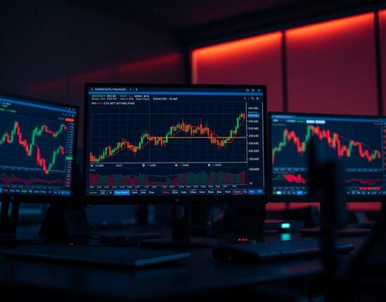 Trading desk monitors displaying BTC/USDT order book heatmap and cumulative volume delta chart.