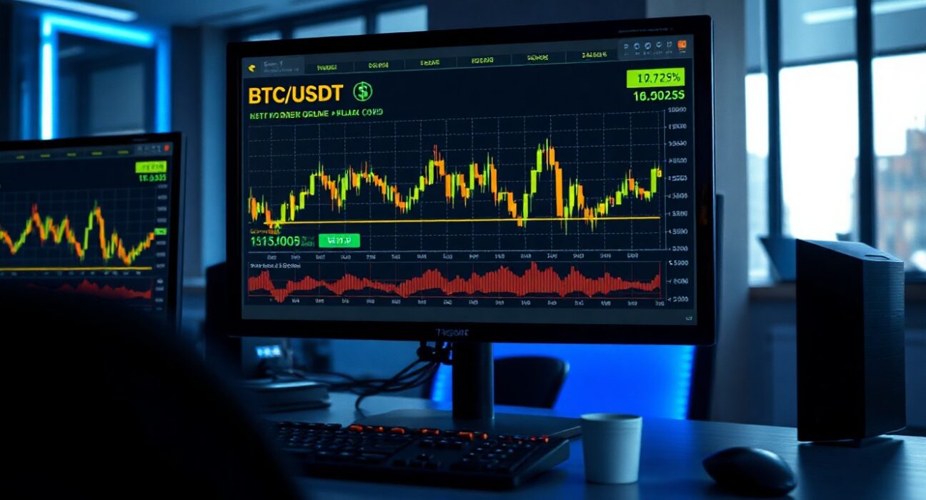 BTC/USDT spot CVD chart on trading monitor showing order book heatmap and cumulative volume delta lines