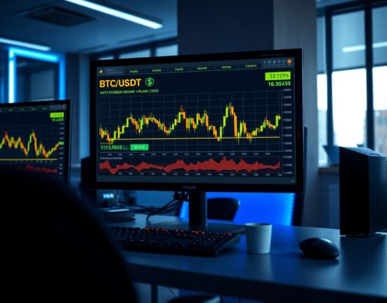 BTC/USDT spot CVD chart on trading monitor showing order book heatmap and cumulative volume delta lines