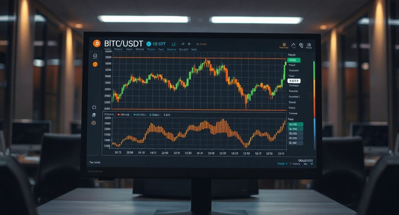BTC/USDT spot trading chart with volume heatmap and cumulative volume delta indicators