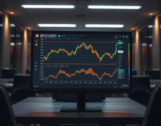 BTC/USDT spot trading chart with volume heatmap and cumulative volume delta indicators