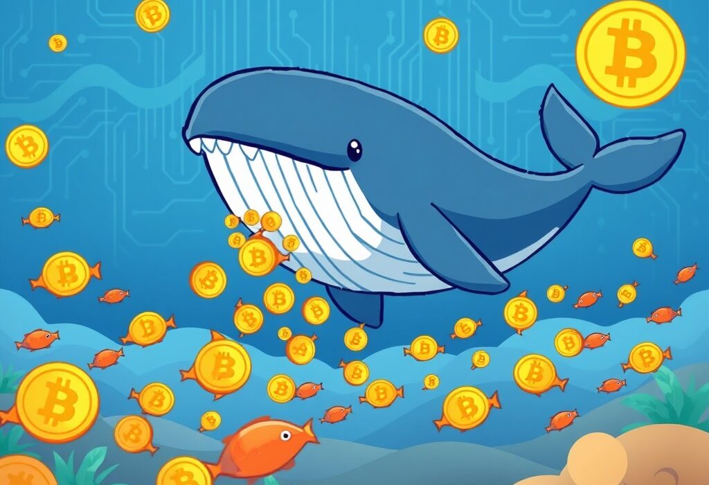 Cartoon illustration of a whale distributing Bitcoin, symbolizing the decline in average BTC whale holdings.